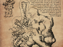 Zeichnung der Struktur des 26S Proteasoms, einem Teil der Protein-Recyclinganlage der menschlichen Zellen, im Stil von da Vinci. Die Skizze oben links zeigt den gesamten Komplex. Darunter ist der Teil mit den ‚Batteriefächern‘ (Bindestellen für ATP und ADP) im Detail gezeichnet.