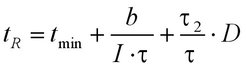 Fig. 3: flash equation t(R) = average response time t(min) = minimal response time I = Intensity of the blue light flash τ1/2 = duration of the first and the second flash, respectively τ = τ1 + τ2 = total duration of both flashes D = dark period, time elapsed between two light flashes b = an empirical constant accounting for the light sensitivity of the cells