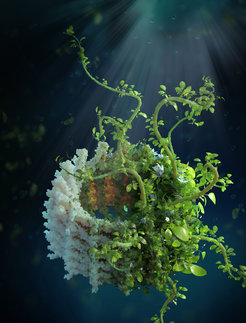 Artistic rendering of the VIPP1 ring structure covered in lush plant life, representing the central role of VIPP1 in constructing and maintaining the photosynthetic thylakoid membranes that enable plants to grow. This study is featured on the cover of Cell (July 8 issue).